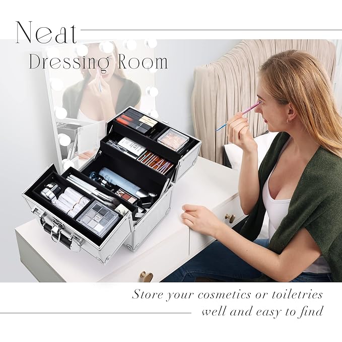 FRENESSA Makeup Train Case Makeup Organizer Box Portable Cosmetic Travel Case with Lock 4 Trays Aluminum Hard Vanity Box Make Up Artist Nail Beauty Storage Organizer Cosmetic Suitcase Bright Silver