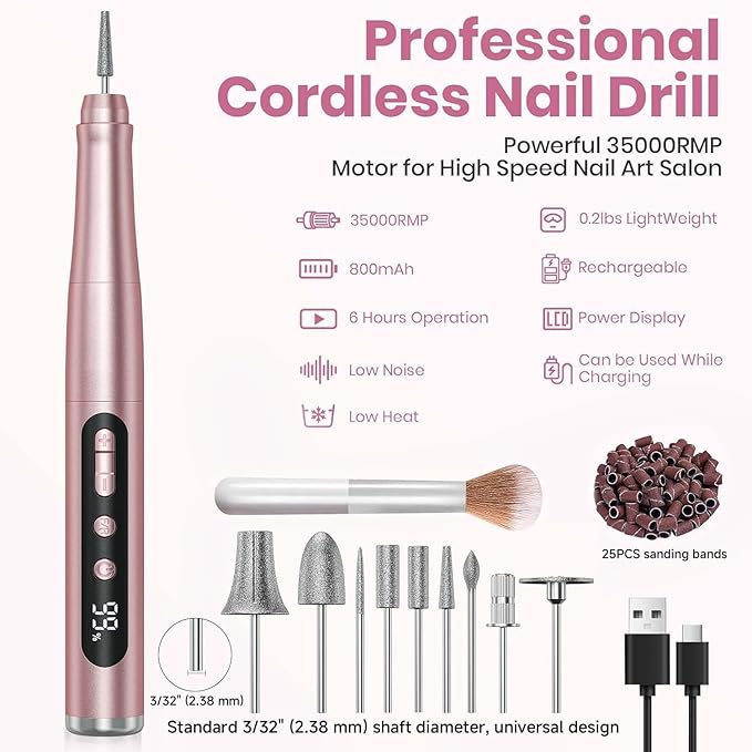 Cordless Nail Drill 35000RPM, Portable Electric Nail File for Acrylic Gel Nails, Professional Manicure Pedicure Kit, Rechargeable Pedicure Tools for feet with LCD Display, Low Noise Low Vibration