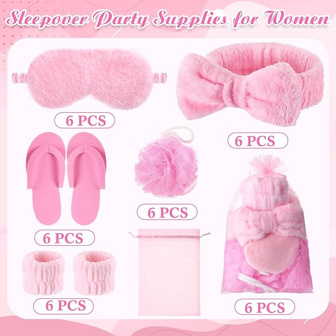 Moucuny 42 Pcs Summer Spa Sleepover Party Supplies Bulk for Women Include 6 Pink Hairbands 6 Eye Masks 12 Wristbands 6 Bath Loofahs 6 Pairs Disposable Slippers 6 Organizer Bags(Classic)