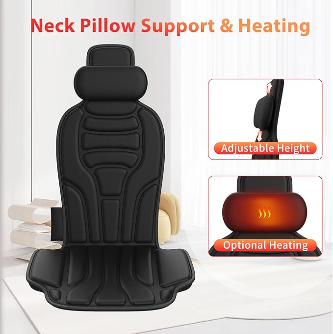 Back Massager with Heat，Vibration Massage Chair Pad with 5 Massage Modes & Adjustable Heat Levels, Memory Foam Back Massager Cushion for Office Chair, or Home Use，Midnight