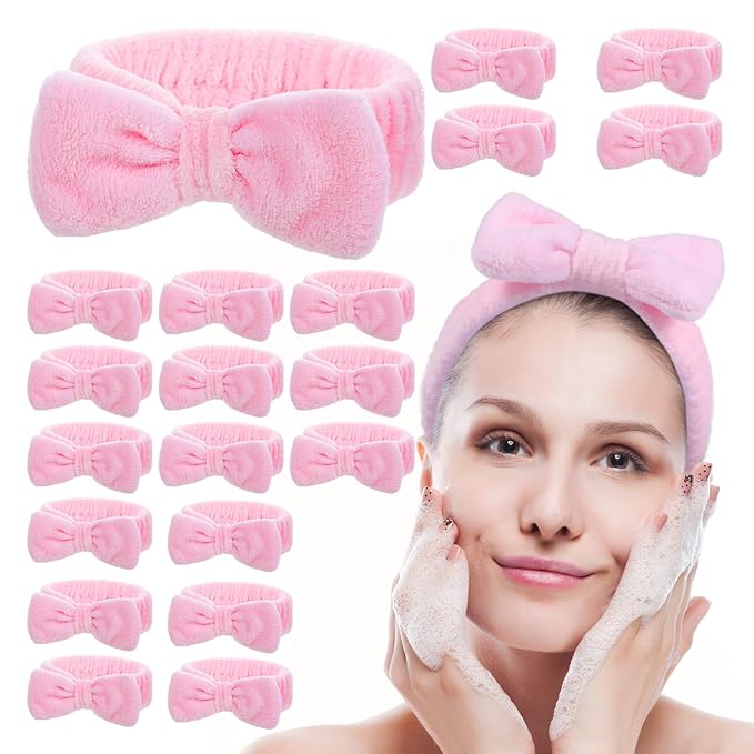 20 PCS Spa Headband Bulk, Pink Spa Headbands for Women Soft Hair Bands for Face Washing Skincare Headbands Hair Band Face Makeup Headband for Women Cosmetic Head Wraps for Shower Skin Care Yoga