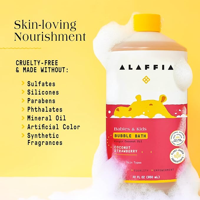 Alaffia Bubble Bath for Babies & Kids, Coconut Strawberry 2-Pack – Long-Lasting, Moisture-Rich Bubbles with Coconut Oil, 32 Fl Oz Ea