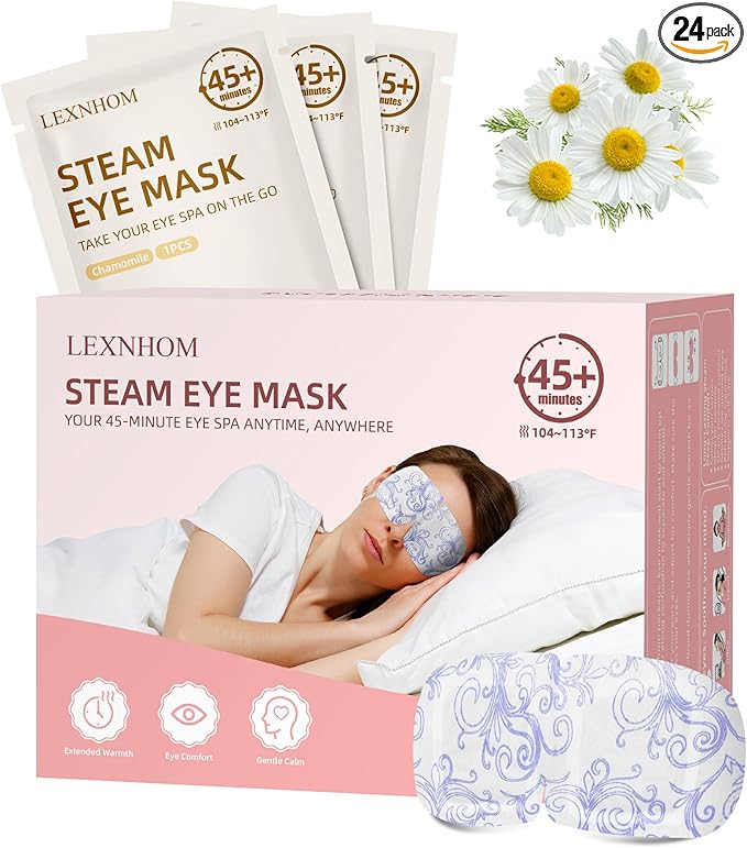 Heated Eye Mask Disposable 24 Pack, 45+ Min Self Heating Steam Eye Mask for Dry Eyes Dark Circles Puffy for Sleep Travel Office, Warming Rest Eyes Mask Best Gifts for Women (Chamomile)