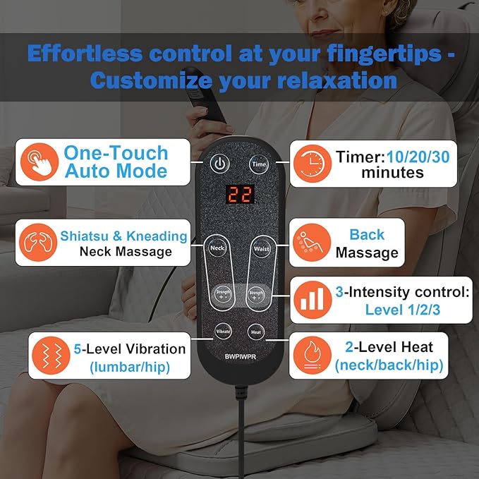 Shiatsu Massage Cushion for Neck and Back with Heat - 4D Kneading, Vibration for Muscle Relief, Dual-Neck Design, Adjustable Intensity and Height for Office Chair and Home Use, Brown