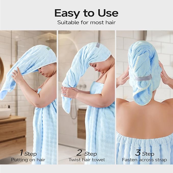 REDKISS Blue Plus Size Towel Wrap for Women, XL Adjustable Shower Wrap with Hair Towel, Super Absorbent Bath Towels Wrap for Body, Microfiber Plush Towel Wrap, Warmth Velcro Plus Size Wraps Towels