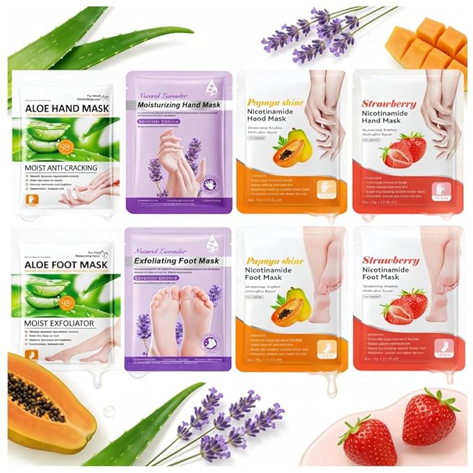 Hand & Foot Mask Set (8 Packs) - At-Home Hand & Foot SPA | Aloe/Lavender/Papaya/Strawberry + Nicotinamide Masks: Hydrating for Dry Skin, Reducing Roughness