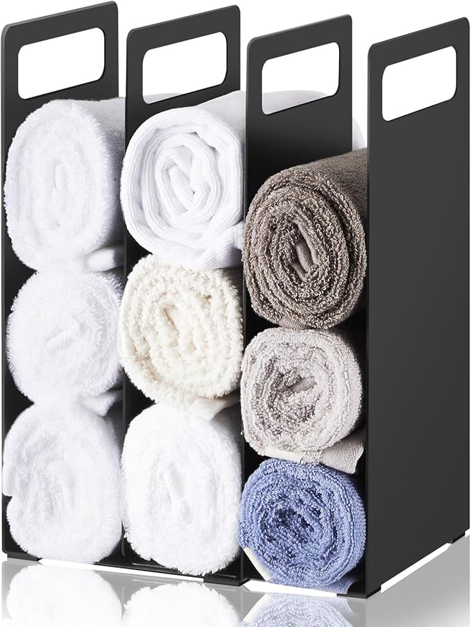 LEIFIDE Set of 2 Interlocking Towel Organizer Metal Bathroom Towel Storage Rack Shelf Dividers Organizers for Closet Home Space Saving (Black)