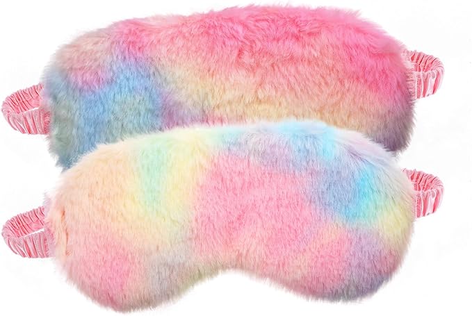 2 Pcs Plush Eye Mask Soft Sleeping Blindfold Eye Cover Comfortable Furry Faux Fur Sleeping Mask Satin Nap Night Eyeshade Cover for Women Men Gift (Light Rainbow, Dark Rainbow)