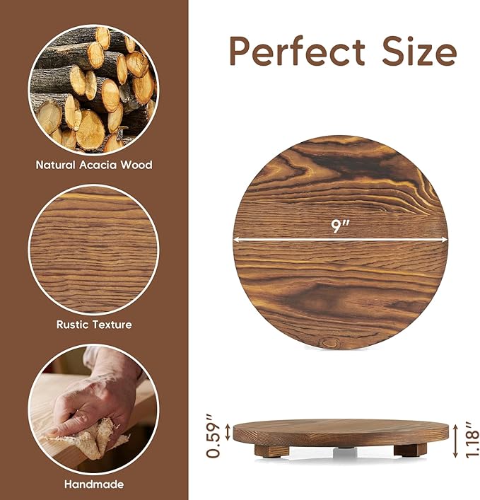 Small Round Decorative Tray Burnt Wood Bathroom Counter Organizer Pedestal Stand Farmhouse Kitchen Decor Wooden Riser for Soap Dish, Perfume, Candle, Sponge, 9" - Brown