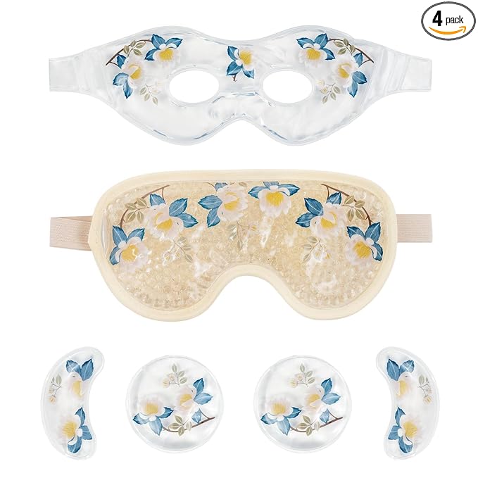LEOSTEP 4 PCS Cooling Eye Mask Set - Ice Face Mask with Camellia Essential Oil, Cold Eye Compress and Reusable Gel Pads for Eyes Puffiness, Migraine Headache, Dark Circles, Dry Eyes