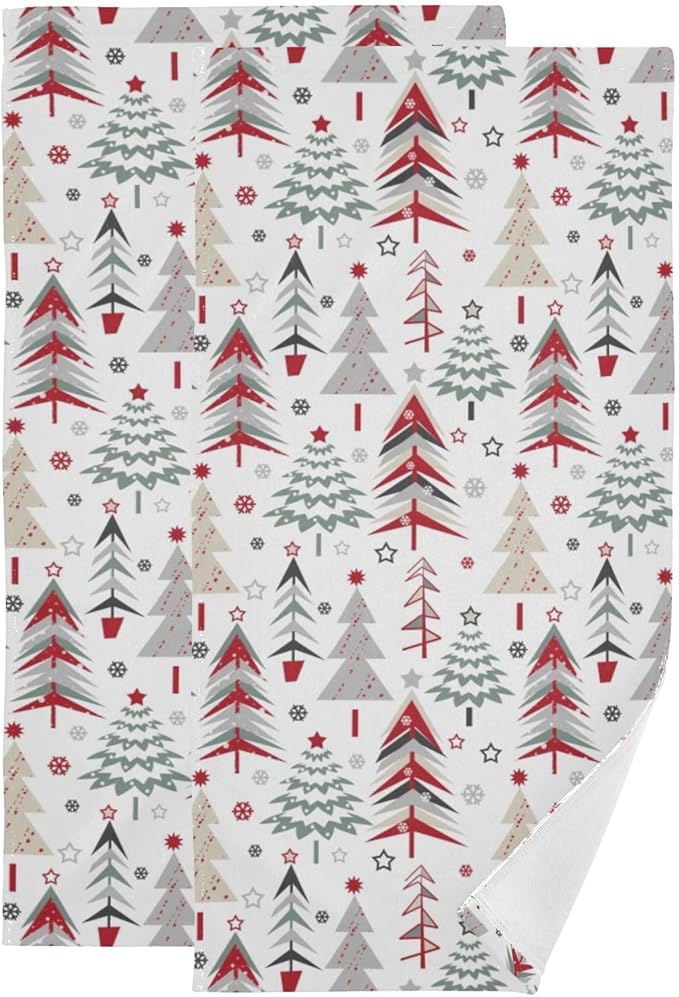 Red Green Grey Christmas Xmas Tree Hand Towels for Bathroom Set of 2,Winter Snowflake Stars Decorative Bathroom Towels for Bath,Face,Hair,Soft Absorbent Dish Towels for Kitchen Decor 28"x14"