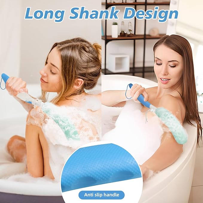 Back Scrubber for Shower，Mesh Sponge Body Shower Brush with Long Handle for Use in Shower Back Scrubber,Back Scrub for Exfoliating Body Scrubber or Shower Brush (Green and Green)