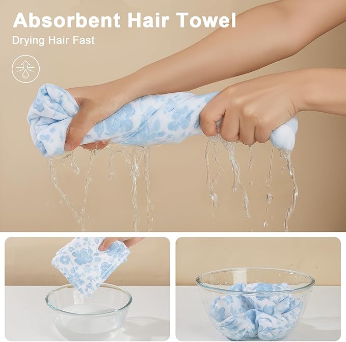 Unicorn Castle Microfiber Hair Towel for Kids 2Pack Hair Wrap Towels Absorbent Hair Drying Towel Wrap Hair Turbans for Curly Thick Hair,Pink Blue Flower
