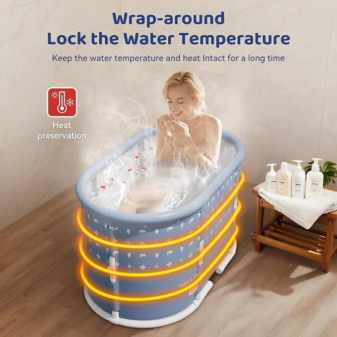 Portable Bathtub, Foldable Bathtub No Installation, Freestanding Shower Bathtubs with Cushion, Collapsible SPA Soaking Bath Tub, Hot & Ice Bath Tub for Indoor Outdoor (Water Pattern Blue)