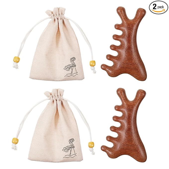 2 Pcs Wooden Scalp Massager Comb Sandalwood Scalp Massager Handmade for Gua Sha Head Legs Neck Face Care Shoulder Foot Stress Relax Women Men Hair Growth with Storage Bag