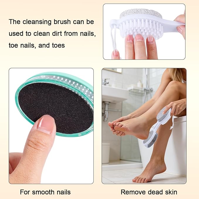 Foot Scrubber Brush with Pumice Stone for Feet 5-in-1, 2Pcs Foot File Callus Remover, Stainless Steel Feet Scraper, Cleaning Brush & Sand Paper Debris Catcher, Multi Purpose for Home Foot Care, White