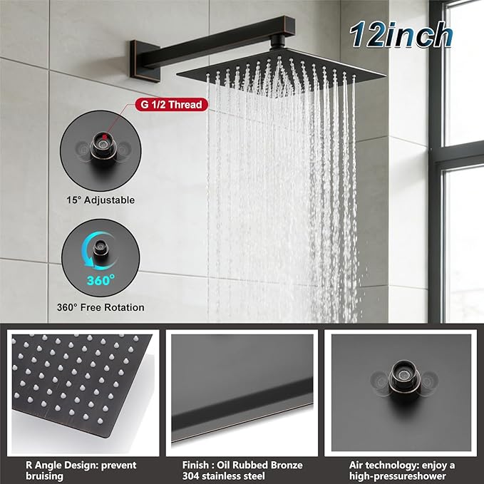 Midanya Shower System with Tub Spout,Bathtub Shower Faucet Set with Square Rainfall Head and Handheld Sprayer Wall Mount Tub Faucet Set with Valve and Trim Kit,12 Inch Oil Rubbed Bronze