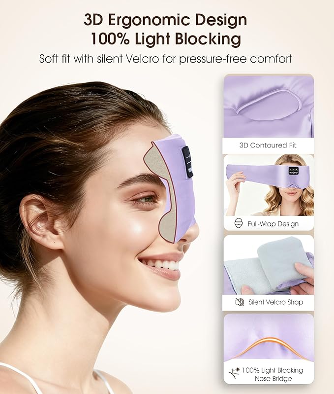 MUSICOZY 3D Silk Bluetooth Sleep Mask Headphones, Mulberry Silk Eye Mask with Ultra-Thin Wireless Speakers, Bluetooth 5.4 Sleeping Headphones for Side Sleepers, Music Sleep Mask Gifts for Men Women