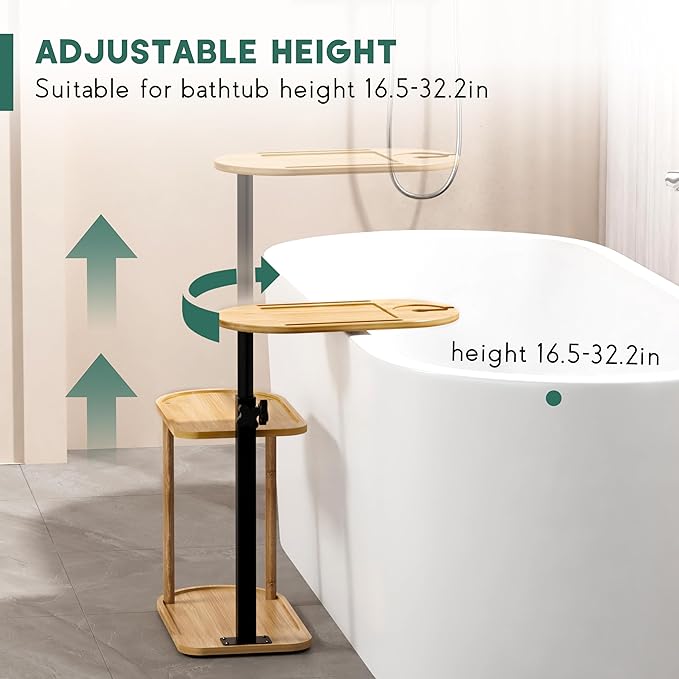 Yumkfoi 3 Layer Bath Tub Tray Table, Freestanding Bamboo Bath Tray Caddy for Tub Against Wall, Bath Table Tray Tub Shelf Bathroom Organizer Shelf for Luxury Spa and House Warming New Home