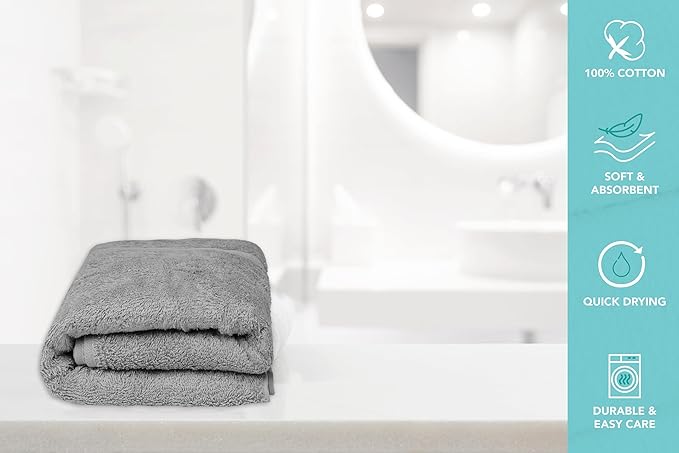 Large Bath Towels Pack of 6 – 24" x 50", 100% Cotton Terry – Soft, Quick-Dry & Highly Absorbent – Light Grey Towels for Bathroom, Spa, Shower, Pool & Daily Use