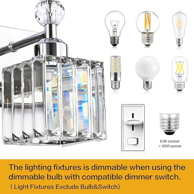 PRESDE 1-Light Bathroom Vanity Light, Modern Chrome Wall Sconce with Crystal Shade, Single Wall Lamp for Over Mirror Bedroom Hallway