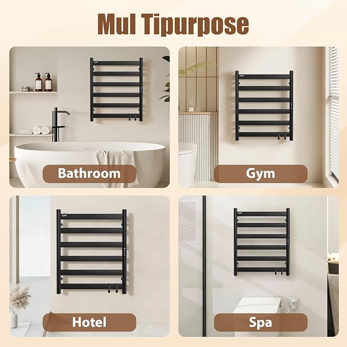 R FLORY Heated Towel Rack for Bathroom, 6 Bar Wall Mounted Towel Warmer Racl Flat with Timer & Temperature, Electric Towel Heater with LED Display Screen, Plug-in,Matte Black