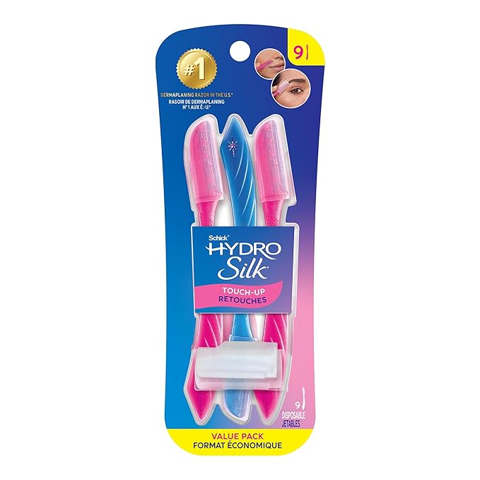 Schick Hydro Silk Touch-Up Dermaplaning Tool with Precision Eyebrow Cover, 9ct | Dermaplane Razor, Face Razors for Women, Peach Fuzz Remover | Beauty Stocking Stuffer