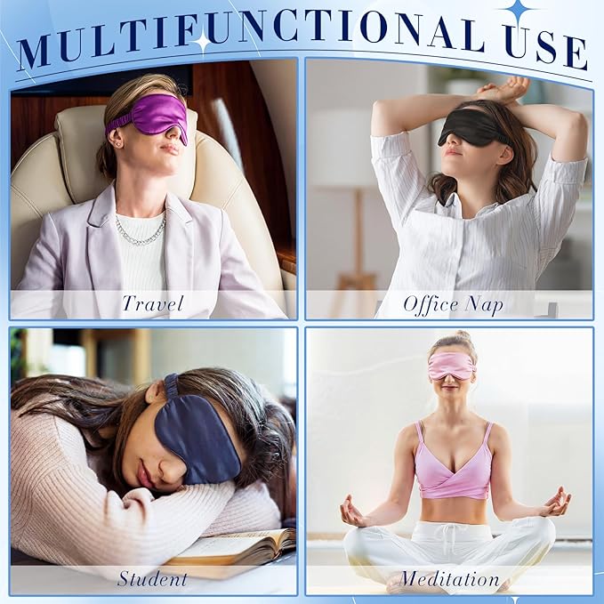 Cutecrop 12 Pcs Silk Sleep Masks Soft Satin Eye Masks with Adjustable Elastic Strap for Sleeping Comfortable Blindfold Eyeshade for Men Women Nap Night Travel Gifts (Pink, Black, Navy Blue, Purple)