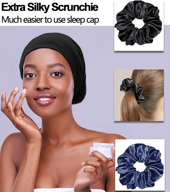 Sleep Cap Bonnet for Sleeping Black Women, Adjustable Cooling Ice Silk Lined Bonnet for Curly Braids Hair Cover Beanie Hat