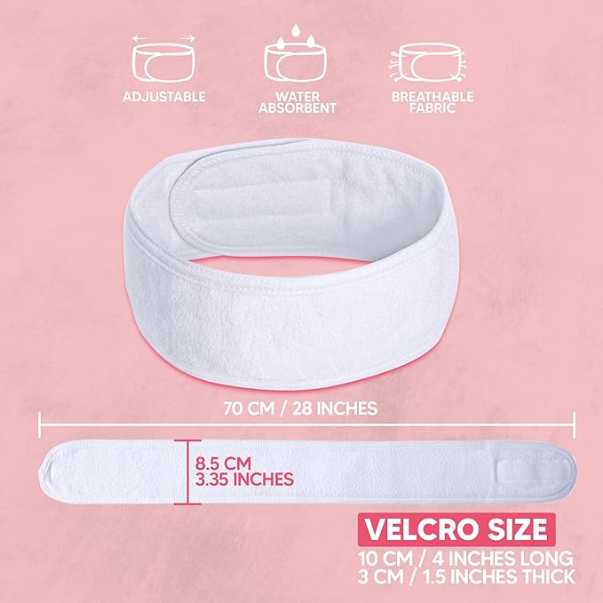 Spa Headband Head Wrap - Extra Long For Easy Fit - Terry Cloth Facial Makeup Sports Towel with Long Hook and Loop Tape from Small to Large Head (All White) (3-Pack)