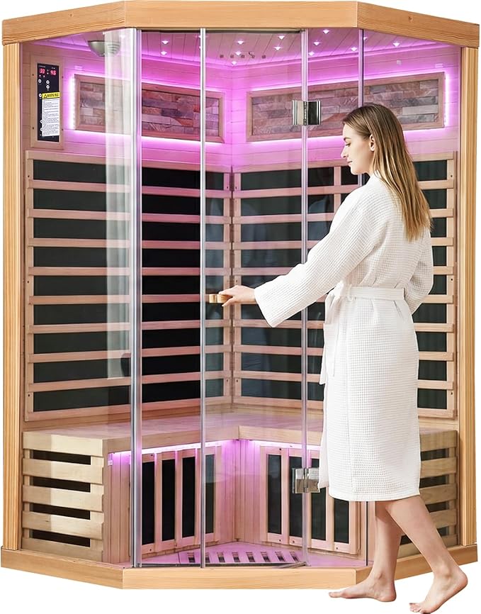 OUTEXER Sauna Corner Saunas for 2-3 Person 120V Home Indoor Canadian Hemlock Far Infrared Saunas 1935W Low-EMF Dry Saunas with 7 Color Starry Sky Ceiling Light Therapy 47.2 * 47.2 * 74.8inch