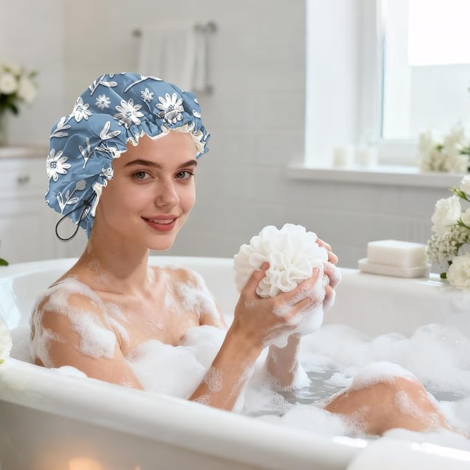 Shower Cap Reusable Double Layer Adjustable Elastic Waterproof EVA Hair Bath Caps for Women Girls Cute Aesthetic-White Flower