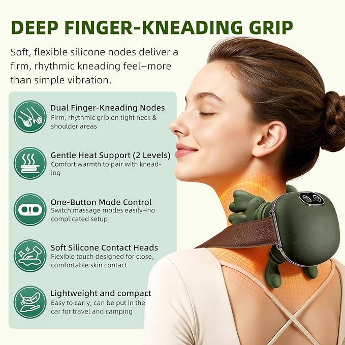 Neck Massager with Finger Kneading, Deep Tissue Neck & Shoulder Massager, 4D Palm-Kneading Massage with Heat, Wearable Strap, Gentle Warmth for Stress & Tension Relief