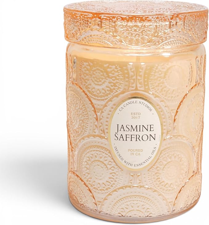 LEOBEN CO – Jasmine Saffron Scented Candle – 18oz, Heirloom Collection Design – 80 hr Burn Time – Poured in California Using Vegan Soy Wax and Essential Oils – Made in Small Batches