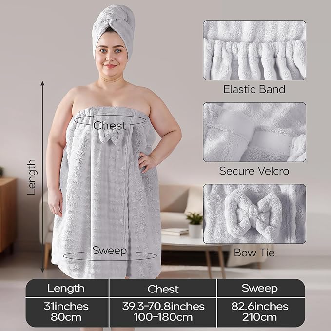 REDKISS Grey Plus Size Towel Wrap for Women, XL Adjustable Shower Wrap with Hair Towel, Super Absorbent Bath Towels Wrap for Body, Microfiber Plush Towel Wrap, Warmth Velcro Plus Size Wraps Towels