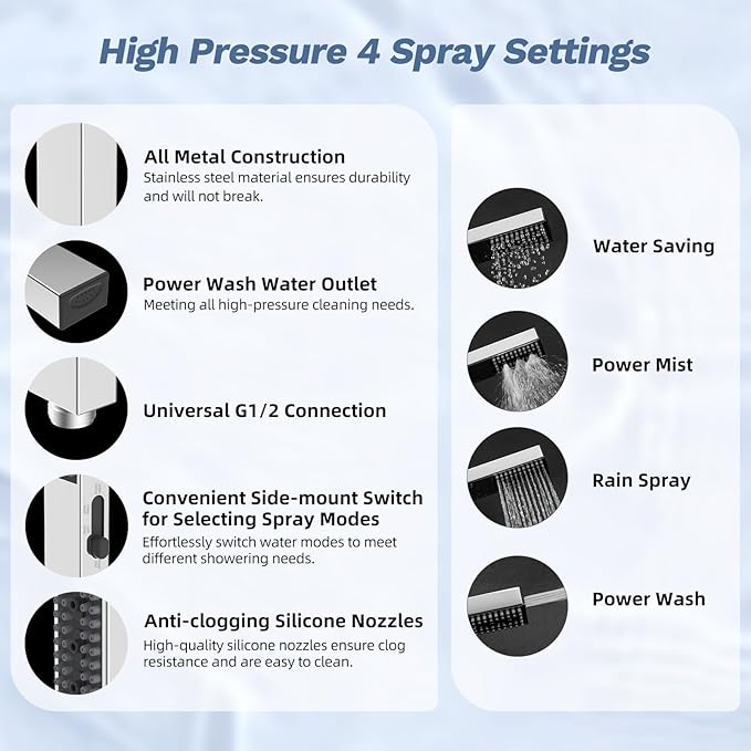 Hibbent 5-spray Filtered Rainfall Shower Head Combo, High Pressure 13'' Showerhead with Stainless Steel 4 Spray Modes Handheld, All Metal 4-way Diverter Arm with Pause Mode, 71'' Hose & Holder, Chrome