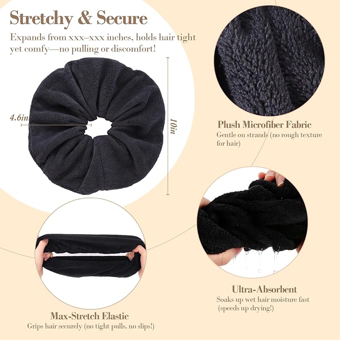 Wecoe Hair Towel Scrunchies 2pcs Soft Absorbent Large Microfiber Hair Drying Scrunchies Thick Fuzzy Scrunchy Ponytail Holder Gifts for Women(Black & White)