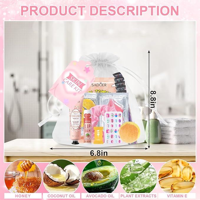 144 Pcs Spa Party Decorations for Girls, Spa Birthday Party Supplies Include Face Masks Skincare, Hand Cream, Lip Balm, Under Eye Patches, Lip Mask, Foot Bath Bombs, Press-on Nails and Hair Tinsel