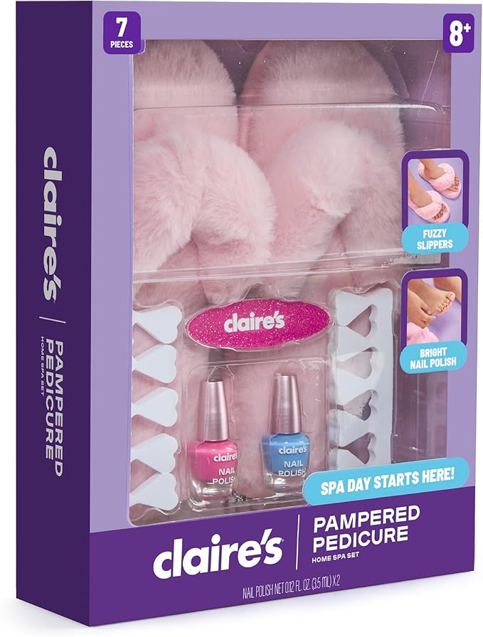 Claire's Kids Pedicure Kit, 7-Piece Home Spa Set with Fuzzy Slippers, Nail Polish, Toe Separators & Nail File, Kids Pedicure Tools for Feet, Girl Toys & Beauty Activity, Gift for Girls Age 8+
