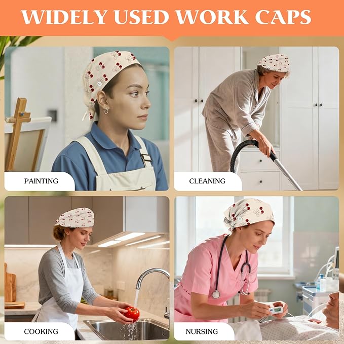 Adjustable Scrub Cap with Buttons & Sweatband, Working Hat with Elastic Tie Back, Unisex Nurse Surgical Caps for Women & Men