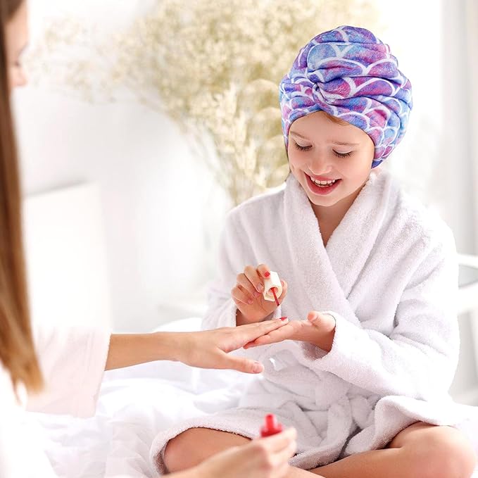 MADHOLLY Fast Drying Microfiber Hair Towel for Kids Women - 3 Packs Soft Super Absorbent Hair Towel Wrap with Button, Anti-Frizz Turban for Thicker Curly Long Hair, Mermaid Pattern Gift for Girls