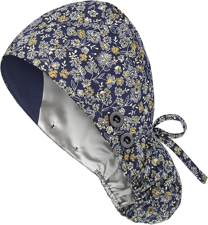 Satin Lined Scrub Caps with Buttons & Sweathand, Surgical Caps for Women