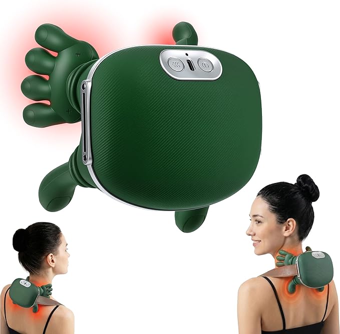 Shoulder and Neck Massager with Heat, 4D Deep Tissue Massage with Finger Pressure for Back, Neck & Shoulder, Portable Compact Design to Relieve Muscle Fatigue and Stiffness, Green