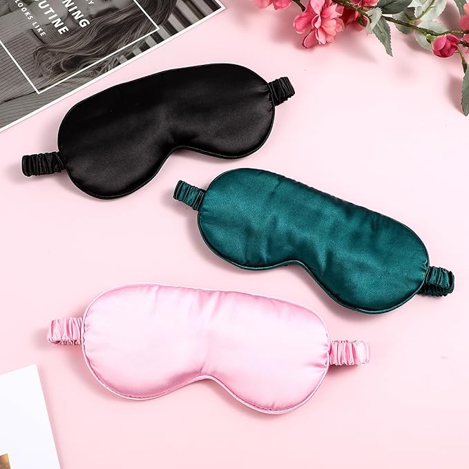 Dimeho 3 Pcs Sleep Mask Soft Silky Eye Masks Cover with Elastic Straps Effective Shading Blindfold for Sleeping Women Men Travel Eyeshade (Pink/Black/Green)