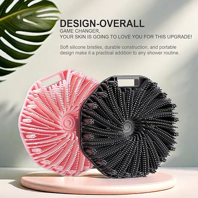 RamPula Silicone Body Scrubber, Silicone Loofah, Quick-Dry Exfoliating Body Brush for Wet or Dry Brushing, More Hygienic Than Traditional Loofah, Medium-Bristle Brush, Black and Pink