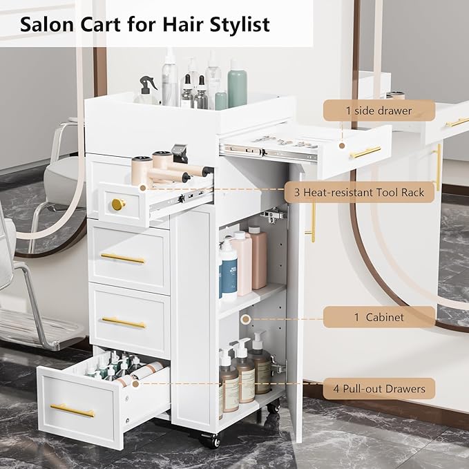 OmySalon Salon Trolley Cart, Hair Styling Station with 5 Drawers, 3 Tool Holders & Adjustable Shelf, Mobile Storage Cabinet Utility Trolley for Barber, Beauty Spa, Home (White)