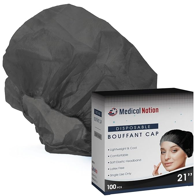Medical Nation 21" Hair Net Disposable Bouffant Caps |Pack of 100, Black| Hairnets, Non-Woven, Non-Pleated Hair Cover |for Medical, Lab, Nurse, Tattoo, Food Service, Hospital, Cooking- Size 21" Black
