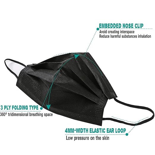 Wecolor 100 Disposable Face Masks for Adults, Outdoor, Airport, Farm, Garden, Non-Woven Fabric and Meltblown Fabric, Soft, Comfortable Face Mask, Anti-Fog, Wide Earbands - Black