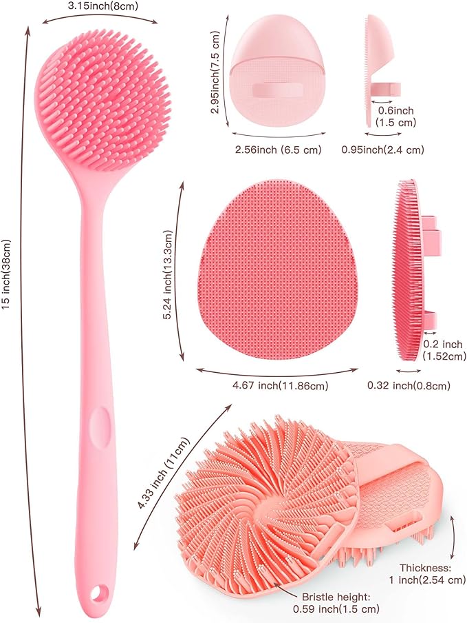 Manmihealth Silicone Back Scrubber & Soft Bath Glove Set 4 PCS(Thick Bristles), Super-Exfoliating Body Scrubber & Super-Lathering Shower Brush Combination, with 2 Adhesive Hooks (Pink)