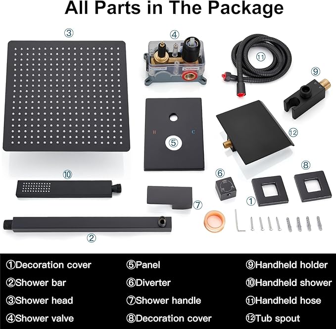 Midanya Shower System with Tub Spout,Bathtub Shower Faucet Set with Square Rainfall Head and Handheld Sprayer Wall Mount Tub Faucet Set with Valve and Trim Kit,16 Inch Matte Black